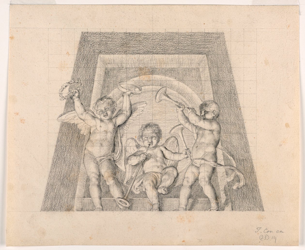 Három putti trombitákkal, Design for the Lunette of the Sala delle Muse, Museo Pio-Clementino, Vatikán alkotó: Tommaso Maria Conca