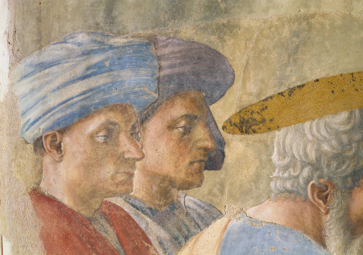 Szent Péter megkereszteli a neofitákat: részlet két turbános megfigyelőről, 1427 körüli freskó alkotó: Tommaso Masaccio
