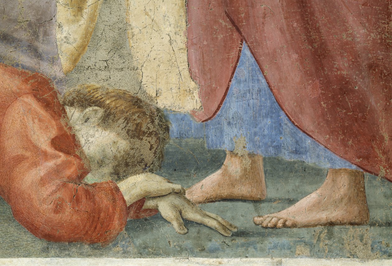 Szent Péter az egyház közös javait osztva, Anániás halála, Anániás részlete, a Szent Péter lábánál halott, 1427 körüli freskó lásd még 57194, 63322 és 63323 alkotó: Tommaso Masaccio