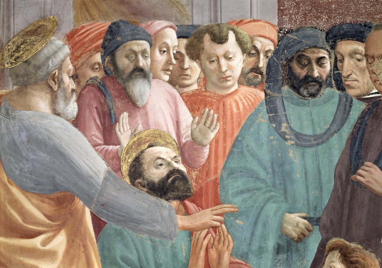 Theophilus fiának, Antiókhia királyának felnevelése Az SS részlete. Péter és Pál és arcok a tömegben, 1427 körüli freskó lásd még: 63302 alkotó: Tommaso Masaccio