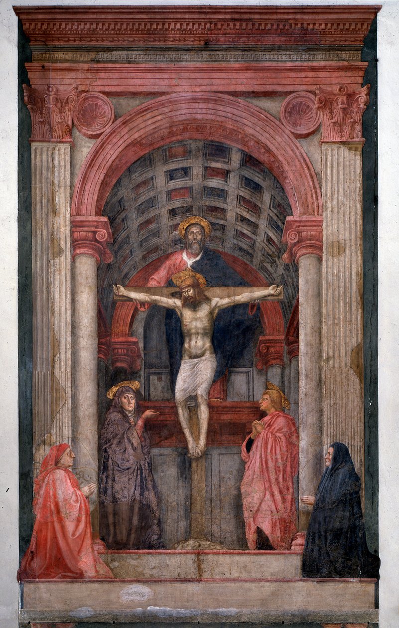 A Szentháromság Isten, a keresztre feszített Jézus Krisztus két adományozóval veszi körül Szent Jánost és a Szűzanyát - Fresco alkotó: Tommaso Masaccio
