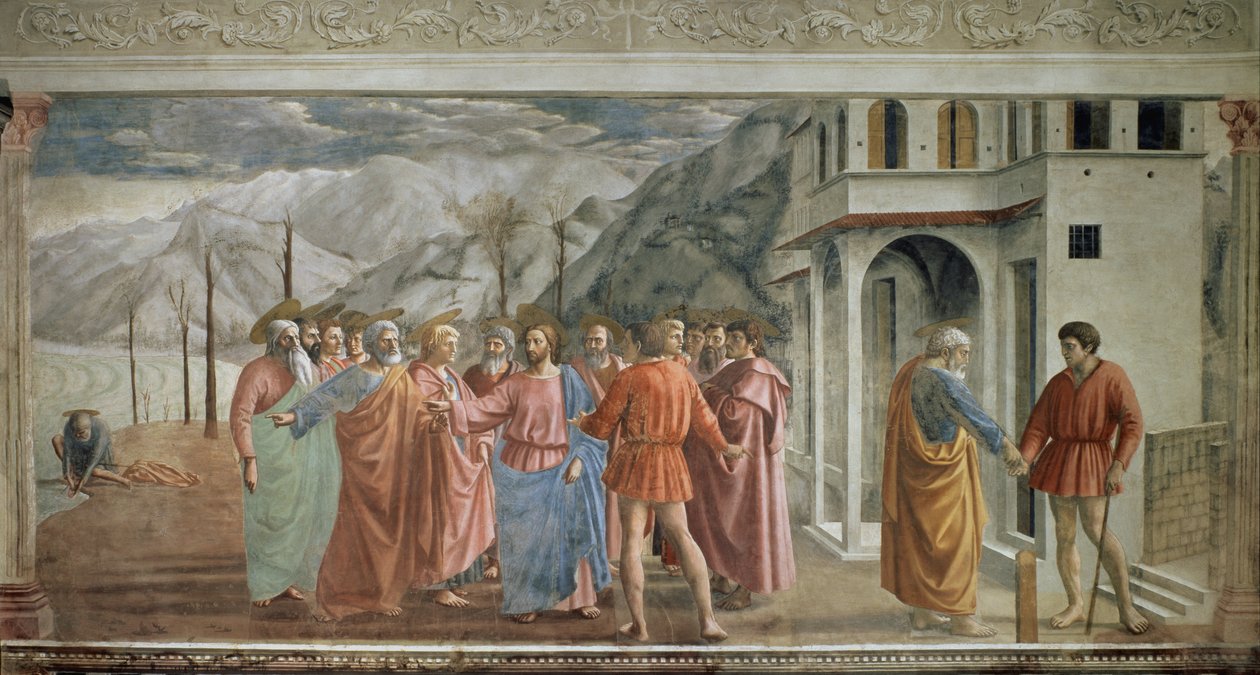 Tribute Money - Le paiement du tribut (A tribute) - Tommaso di ser Giovanni di Mone Cassai dit Masaccio (1401-1428) freskója, 254,5x598,3 cm alkotó: Tommaso Masaccio