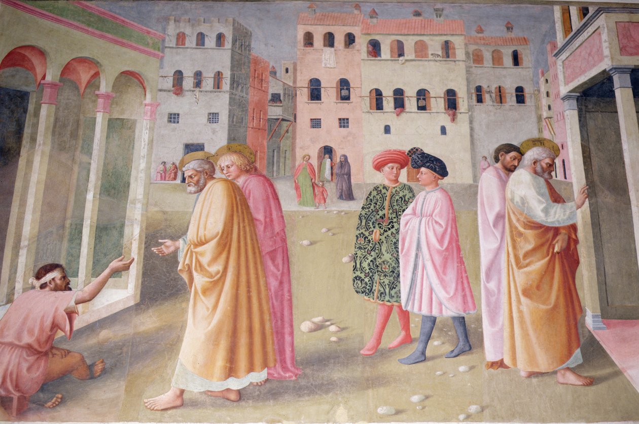 A nyomorék gyógyítása és Tabitha felnevelése alkotó: Tommaso Masolino da Panicale