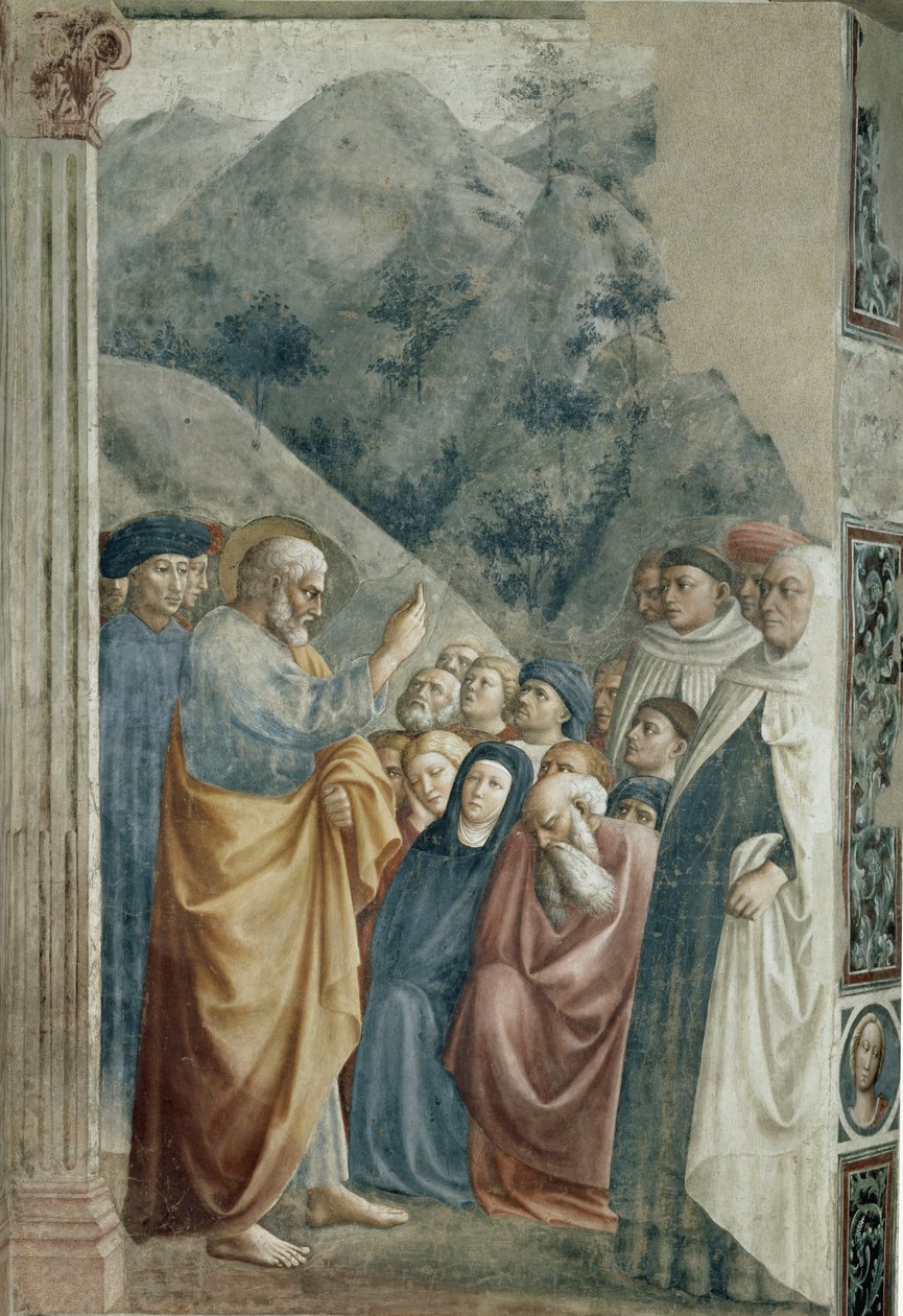 Szent Péter predikációja - Tommaso di Cristoforo Fini dit Masolino da Panicale freskója (1383-1440 körül), 255x162 cm, 1425 körül. Firenze, Santa Maria del Carmine templom, Brancacci kápolna alkotó: Tommaso Masolino da Panicale