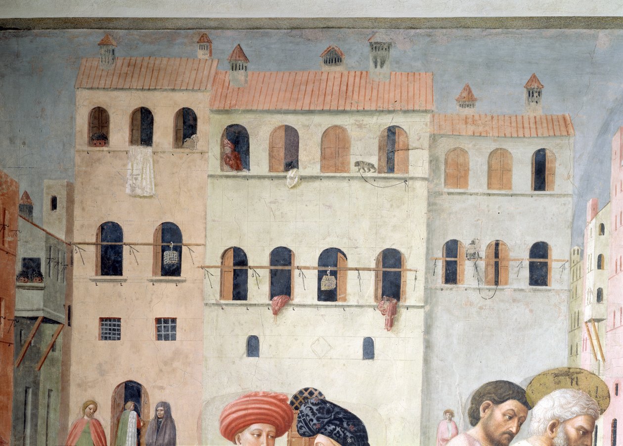 Szent Péter nyomorék gyógyítása és Tabitha felnevelése Részlet a háttér építészetéről, 1427 körüli freskó lásd még 57195 alkotó: Tommaso Masolino da Panicale