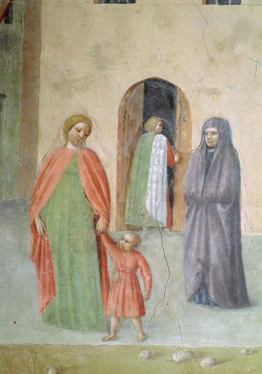 Szent Péter egy nyomorék gyógyítása és Tabitha felnevelése: távoli alakok részlete: apáca, anya és gyermek, 1427 körüli freskó alkotó: Tommaso Masolino da Panicale
