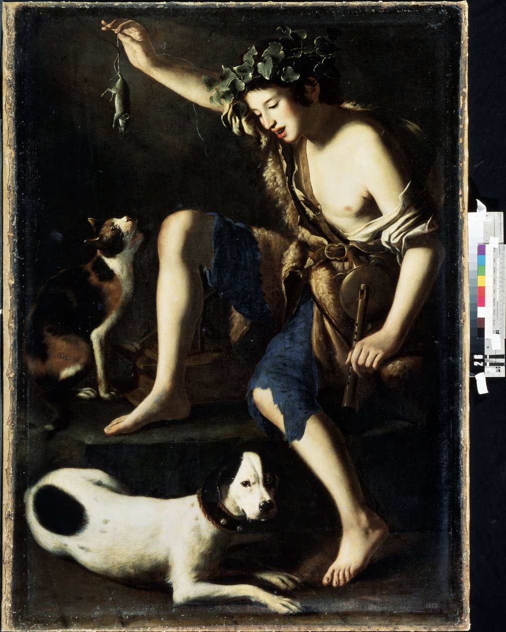 Fiatal juhász játszik a macskával (Young shepherd playing with a cat). Tommaso Salini festménye (1575-1625 körül). Olaj, fa alkotó: Tommaso Salini