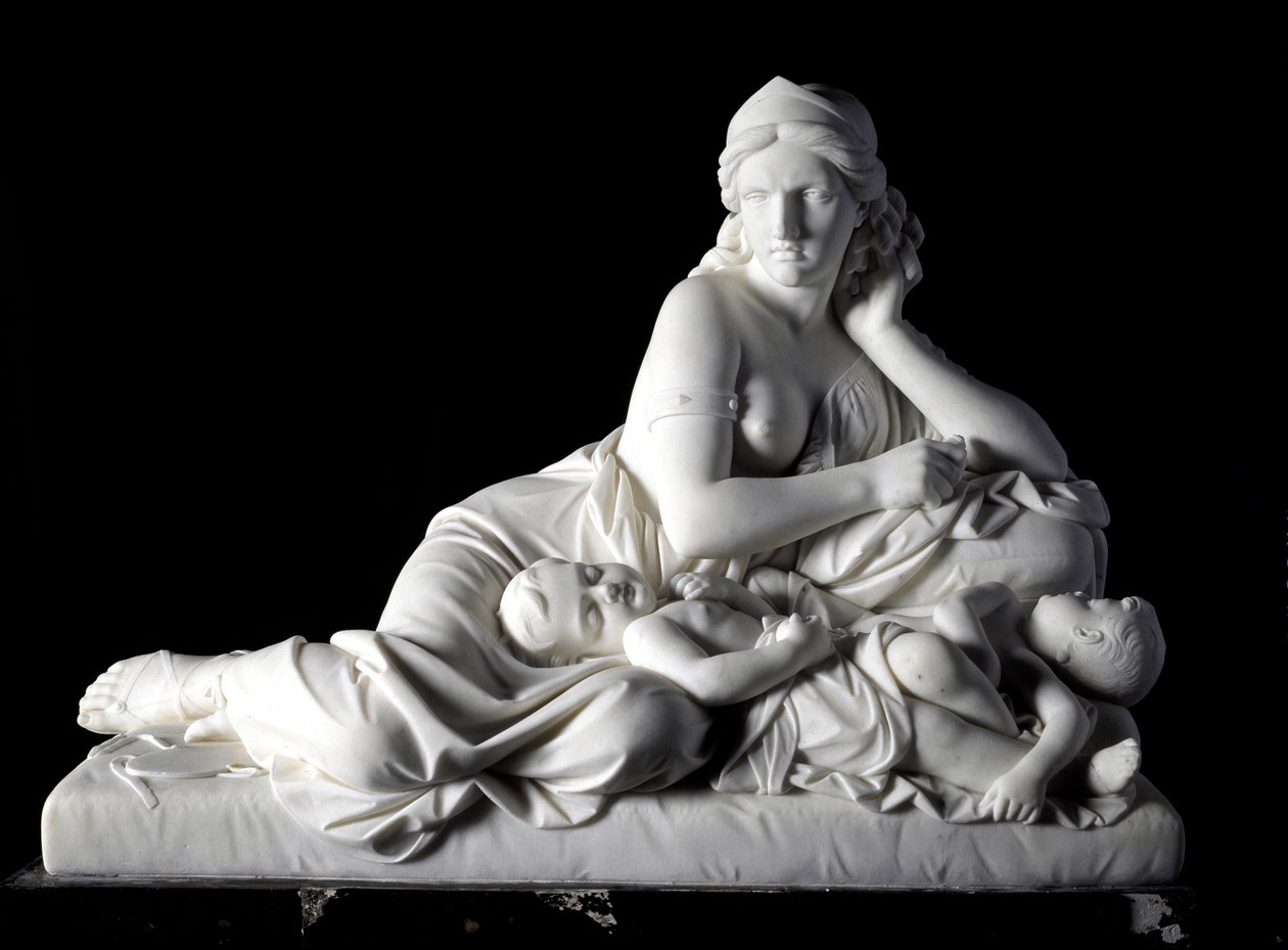 Medee gyermekei meggyilkolására gondol Tommaso Solari (1820-1897) márványszobra 1863. Dim. 60x80x38 cm Odone di savoia herceg gyűjteményéből. Genes, Art Gallery Moderna, inv. 744 alkotó: Tommaso Solari