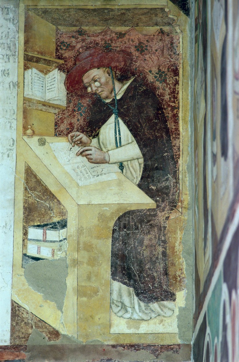 Hugues de Provence az íróasztalánál, a „Dononkos rend negyven jeles tagja” ciklusából az 1342-es káptalanházban alkotó: Tommaso da Modena