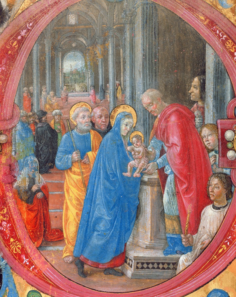 Corale B 26 c.113r Történelmi kezdetű C, amely a Templomi Bemutatót ábrázolja, Lorenzo, a Nagyszerű 1449-92-es portréjával, a jobb oldali oszlopban, 179198-as pergamen részlet alkotó: Tommaso di Baldassare