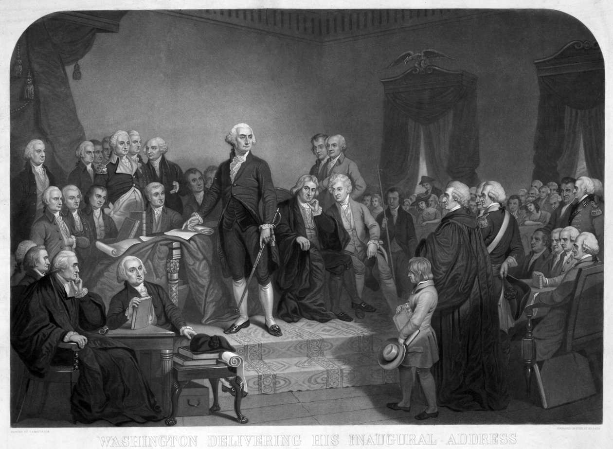 Washington 1789 áprilisában elmondja beiktatási beszédét, 1850 körül jelent meg. alkotó: Tompkins Harrison Matteson