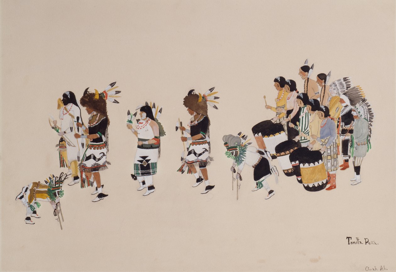 Buffalo Dance Chorus, 1930-39 körül (tempera a fedélzeten) alkotó: Tonita Peña