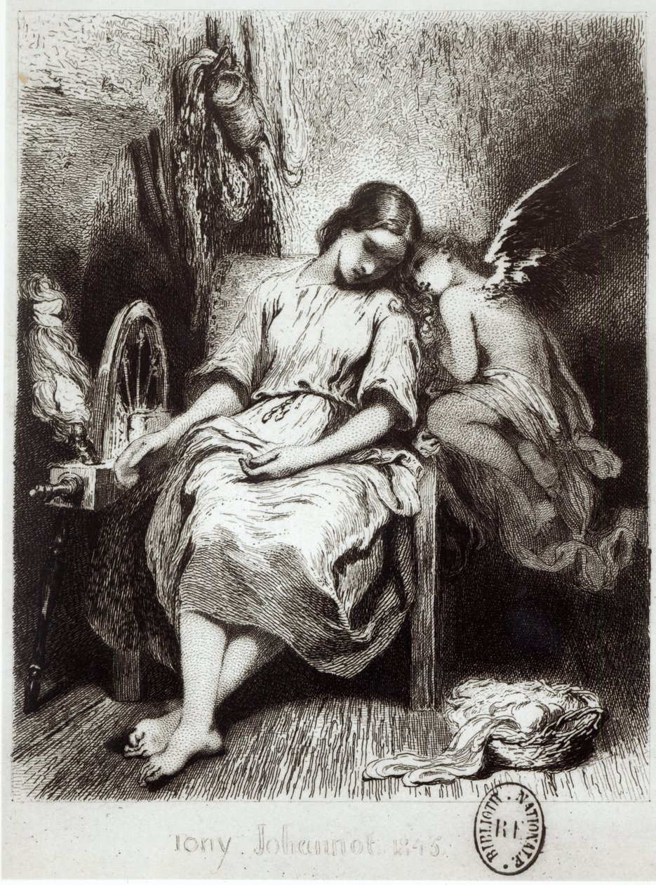 Egy angyallal szunyókáló fiatal nő, Charles Nodier (1780-1844) „Contes Choisis” című művéből alkotó: Tony Johannot