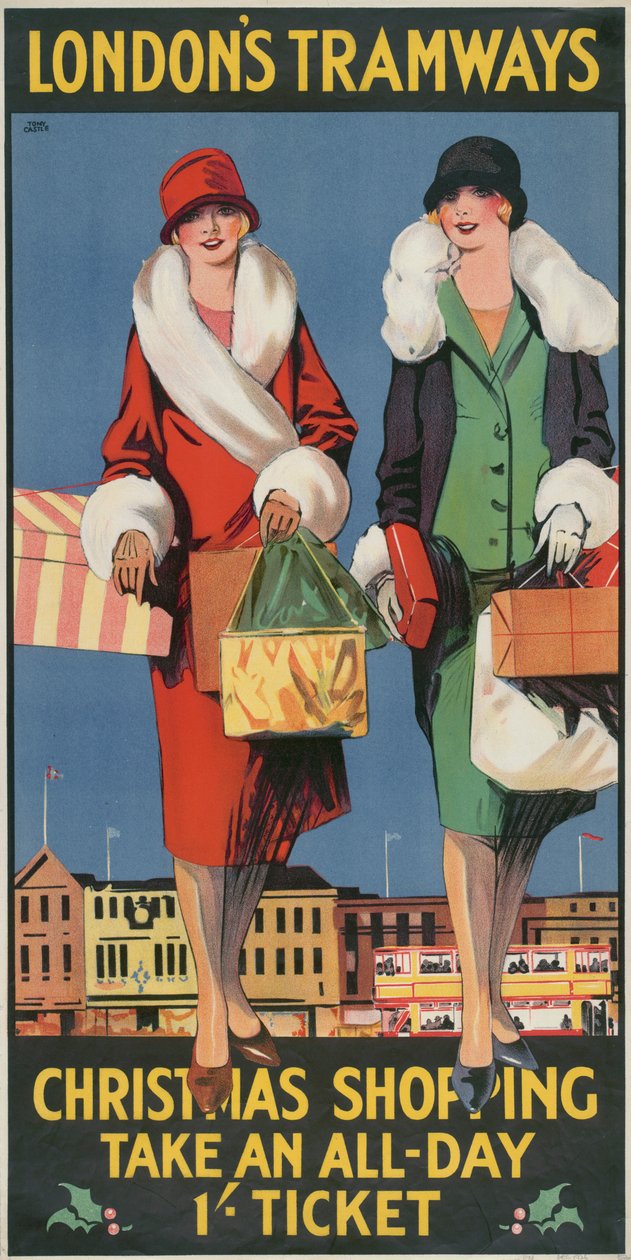 „Karácsonyi vásárlás, vegyen egy egész napos 1 jegyet”, London Megyei Tanács LCC Tramways plakátja, 1926 alkotó: Tony Castle