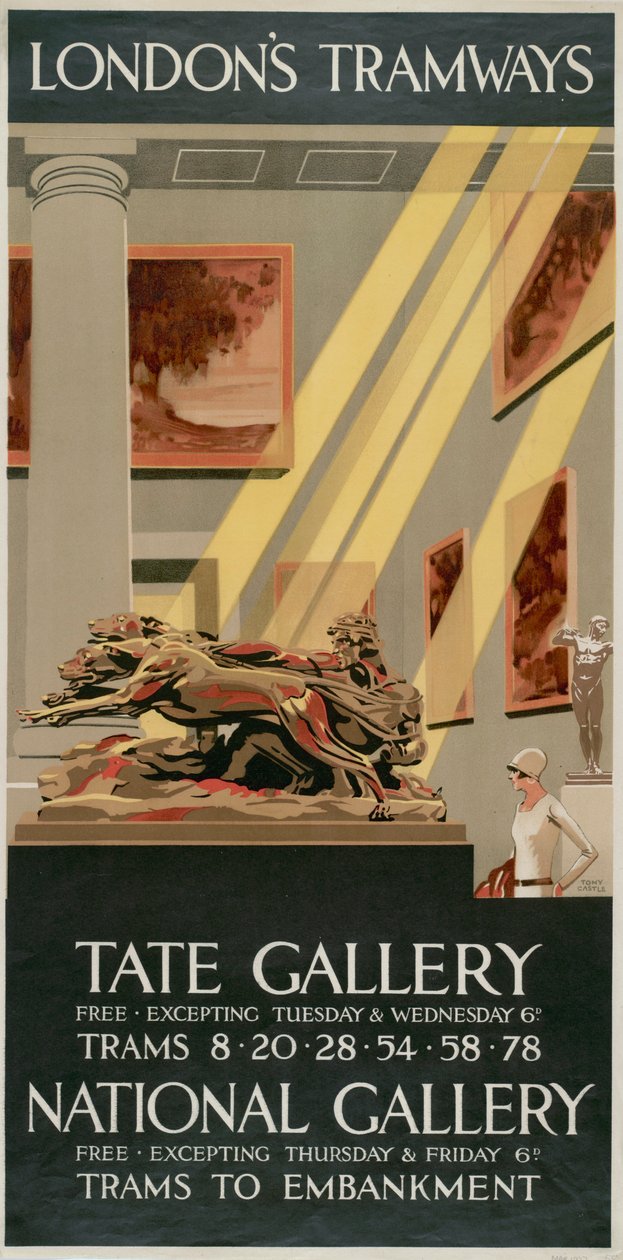 „Tate Gallery, National Gallery”, London County Council LCC Tramways plakátja, 1927 alkotó: Tony Castle