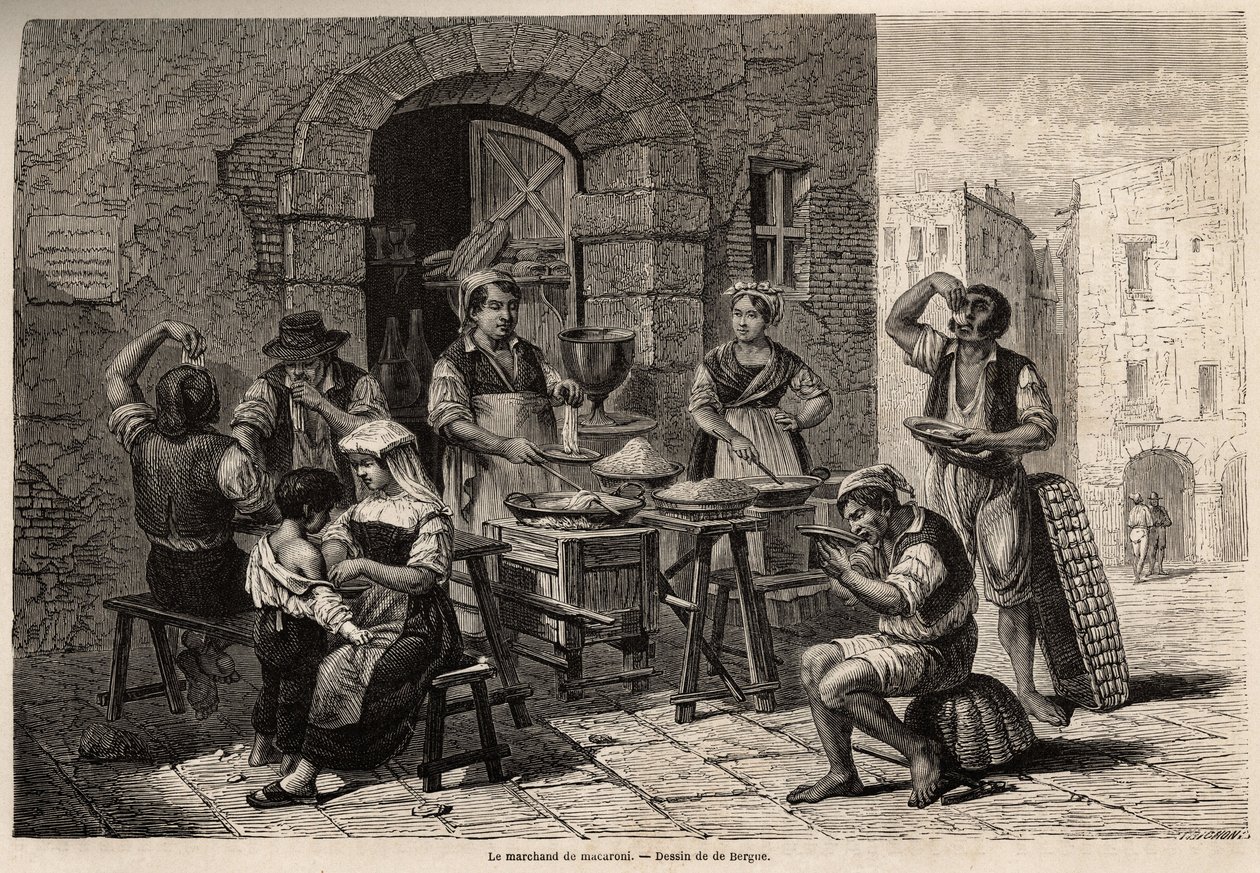 A makarónikereskedő, Bergue rajza Nápoly és a nápolyiak illusztrálására, 1861-ben, Marc Monnier (1829-1885). Metszet „” Le tour du monde”” 1861. Selva gyűjteményében. alkotó: Tony Francois de Bergue