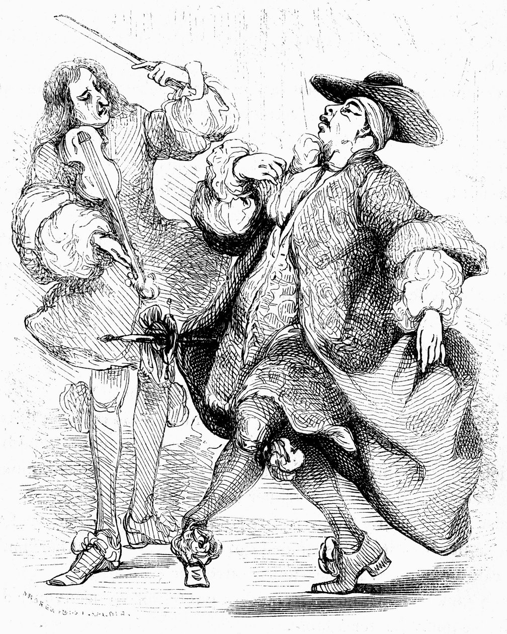 Moliere: Jourdain úr a zenetanár irányítása alatt táncol. Tony Johannot metszete a teljes művek kiadásában, Paulin 1836. alkotó: Tony Johannot