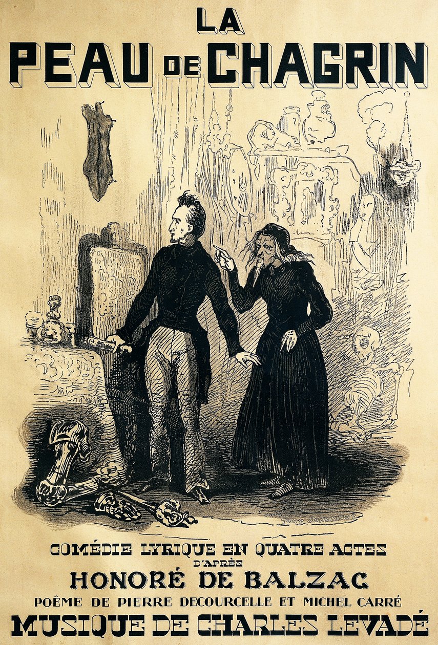 A Le peau de chagrin plakátja, komikus opera, Pierre Decourcelle és Michel Carre librettója, Charles Levade zene, Honore De Balzac regényéből, Tony Johannot rajza alkotó: Tony Johannot