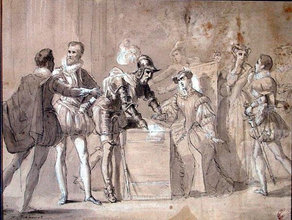Alexandre Dumas (1802-70) „Henri II” projektje (toll és mosás papíron) alkotó: Tony Johannot