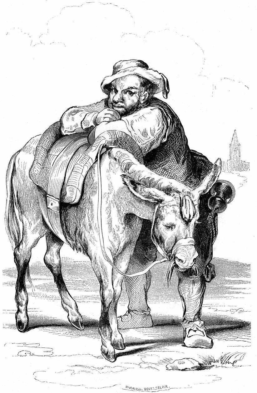 Sancho Panza (Panca), Don Quijote (Quijote, Quijote) földesura és szamara. Cervantes regényének illusztrációja, amelyet Franciaországban 1845-ben a Dubochet  Cie adott ki, Louis Viardot fordítása, a metszeteket ony Johannot készítette. alkotó: Tony Johannot