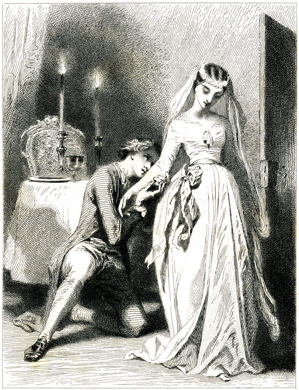 Sóhajtozó szerelmes térdel gyönyörű jegyese lábainál gyertyafényes enteriőrben - romantikus ruhájú és frizurájú lány - metszet (metszet 1845), készítette: Tony Johannot (Antoine Johannot dit alkotó: Tony Johannot