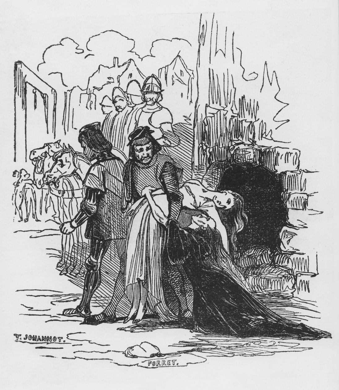 Katonák hurcolnak el egy női foglyot, Victor Hugo (1802-85) „A Notre Dame púpos” című művének illusztrációja (xilográf) alkotó: Tony Johannot
