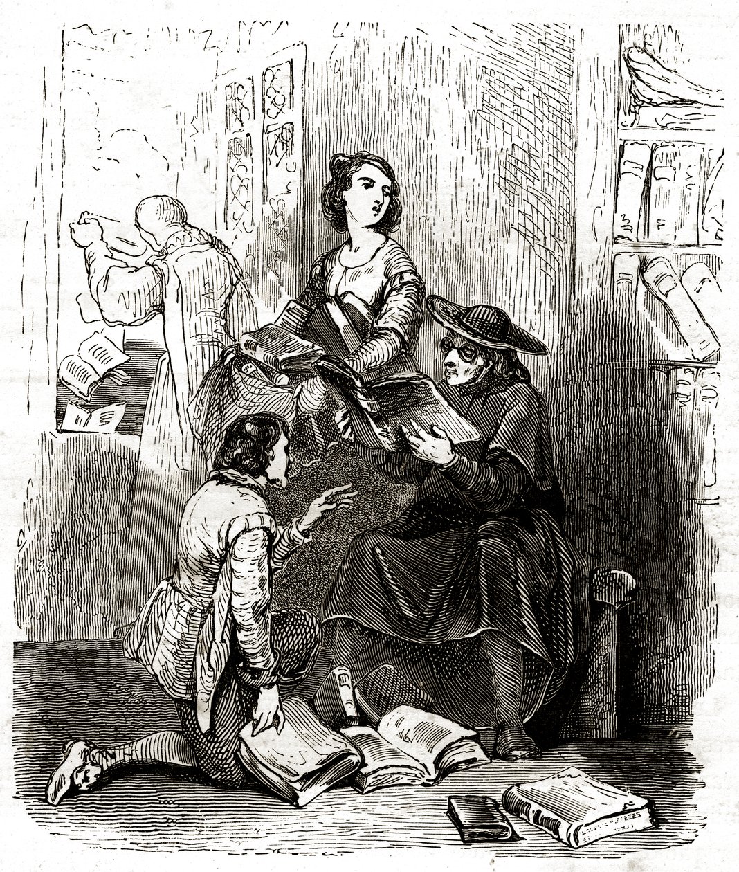 Pero Perez pap és Nicolas borbély a Don Quijote könyvtárának könyveit vizsgálja, 1850 körül (illusztráció) alkotó: Tony Johannot