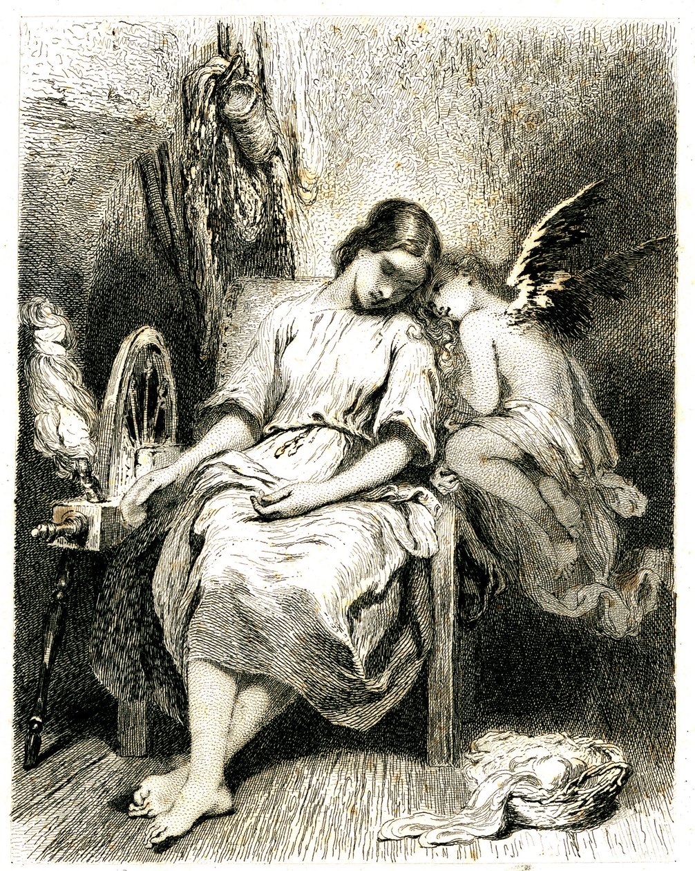 Fiatal nő (fonó) alszik a kereke mellett - egy angyalka hajol a válla fölé - alvás - álom - álmodozás - szerelem - metszet (metszet 1845) Tony Johannot (Antoine Johannot dit alkotó: Tony Johannot