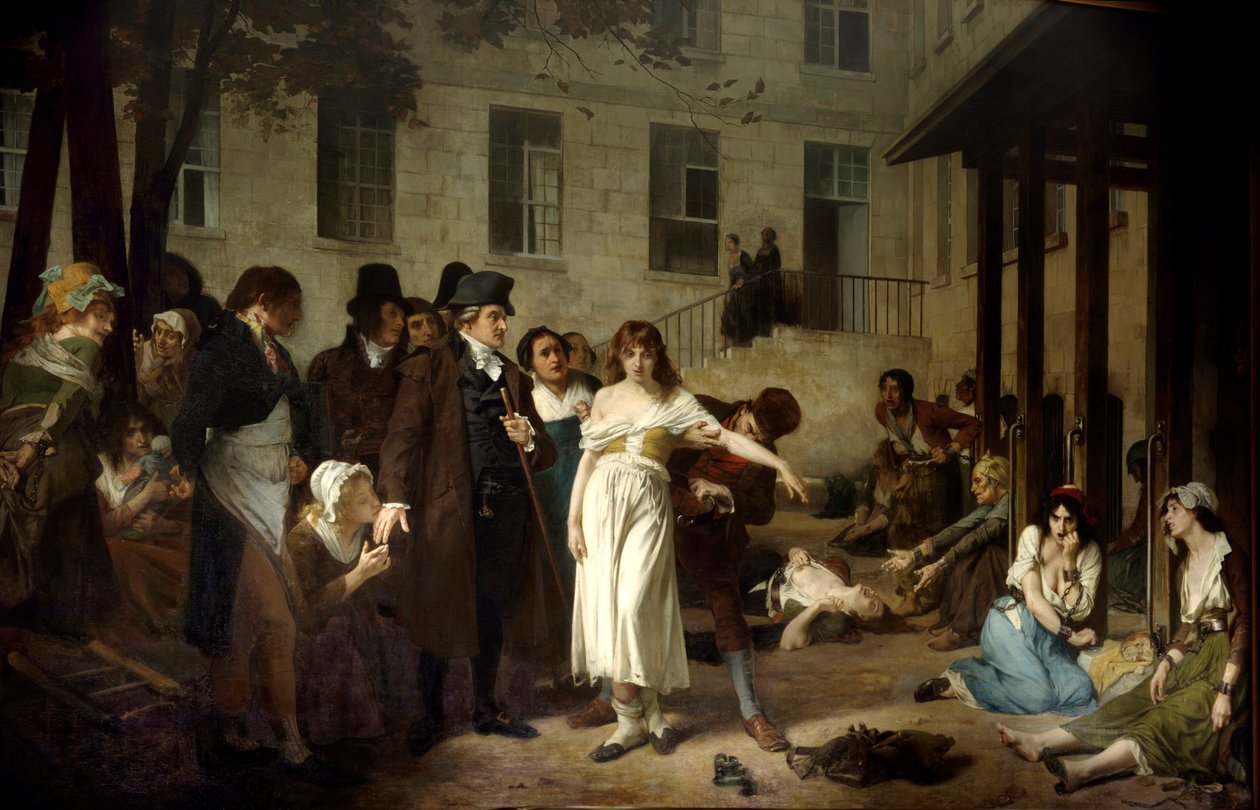 Philippe Pinel doktor (1745-1826) 1795-ben a párizsi Salpetriere Kórházban felszabadította a láncaik idegeneit, Tony Robert Fleury (1837-1912) festménye 19. századi Párizs, Salpetriere Kórház alkotó: Tony Robert Fleury