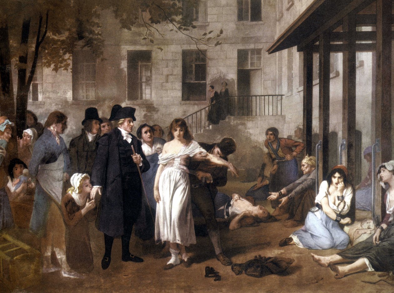 Philippe PINEL doktor (1745-1826), aki kiszabadítja az őrülteket láncaikból – Tony Norbert Fleury alkotó: Tony Robert Fleury