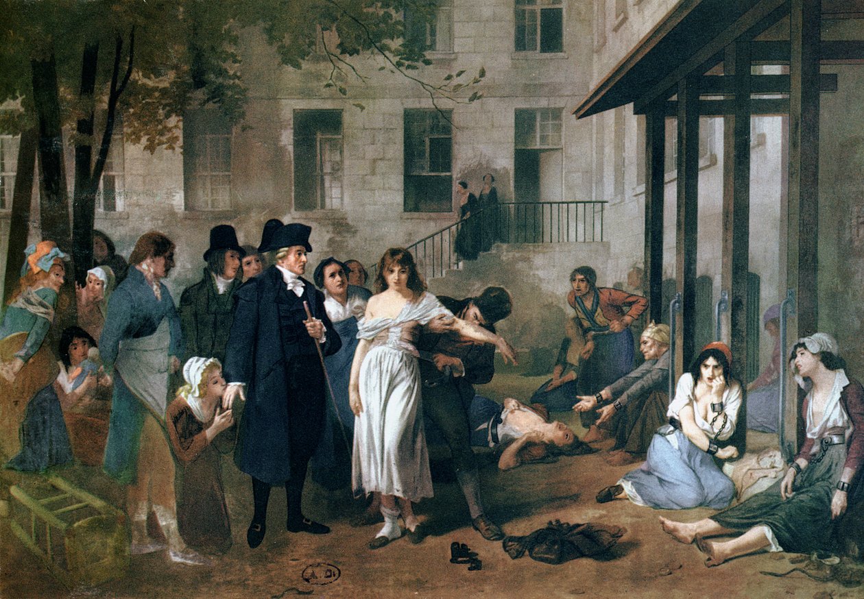 Philippe Pinel (1745-1826) a párizsi Salpetriere menedékházban 1795-ben szabadította ki az őrülteket láncaikból alkotó: Tony Robert Fleury