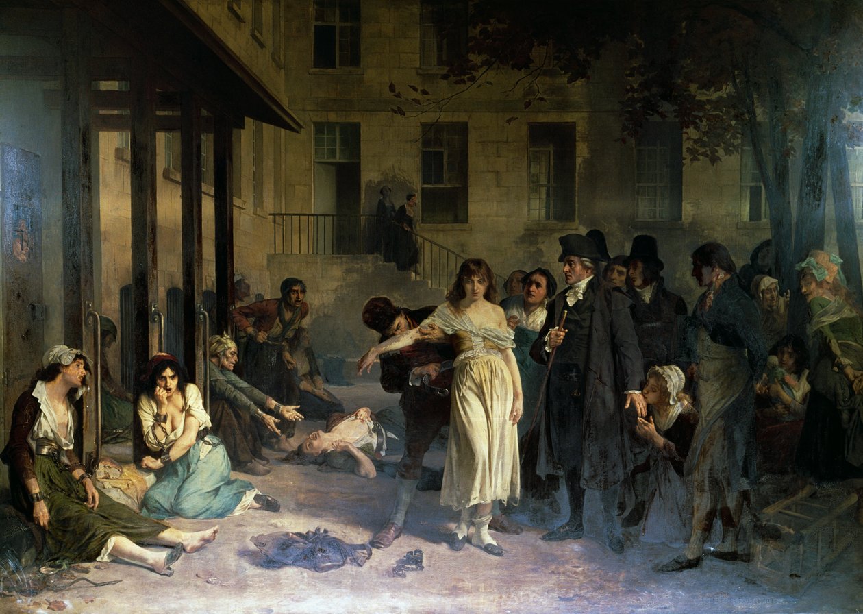 Philippe Pinel (1745-1826) pszichiáter, aki 1795-ben szabadította ki az őrülteket láncaikból a párizsi Salpetriere menedékházban, Tony Robert-Fleury (1837-1911) festménye alkotó: Tony Robert Fleury