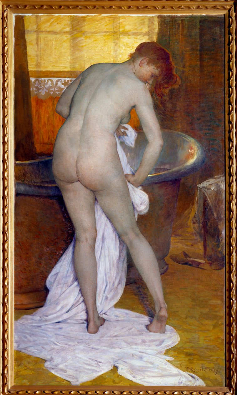 A fürdés. Jelenet a fürdőszobában: Egy nő a fürdőkádból megtörli meztelen testét egy törülközővel. Tony Robert Fleury (1837-1912) festménye alkotó: Tony Robert Fleury