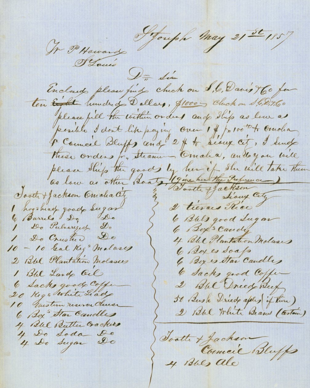 Levél aláírva Tootle & Jackson, Council Bluffs, W.P. Howard, St. Louis, 1857. május 21 alkotó: Tootle and Jackson