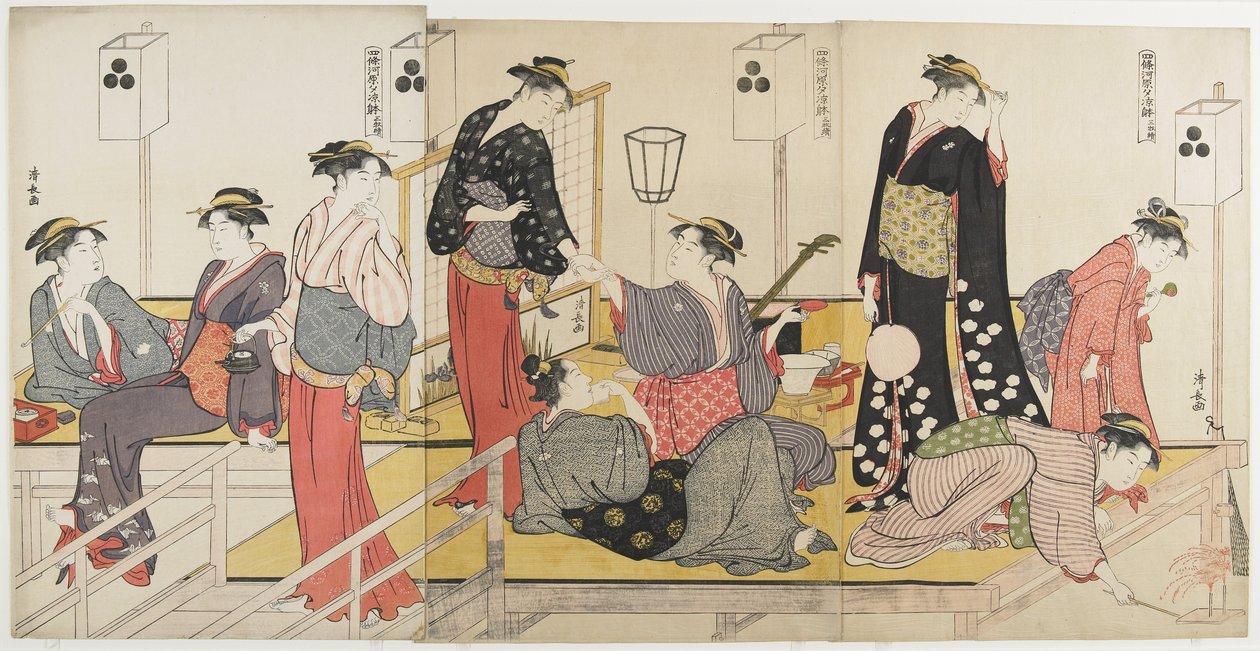 Triptichon a Shijo_ folyóparton esti lehűlésről, 1784 alkotó: Torii Kiyonaga
