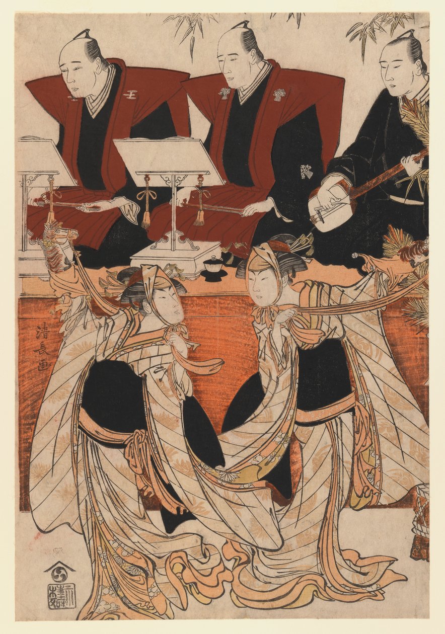 Two actors as Iwai Hanshiro IV and Segawa Kikunojo III in the Karukoma dance, accompanied by Joruri recitation, c.1783 (colour woodblock print) alkotó: Torii Kiyonaga
