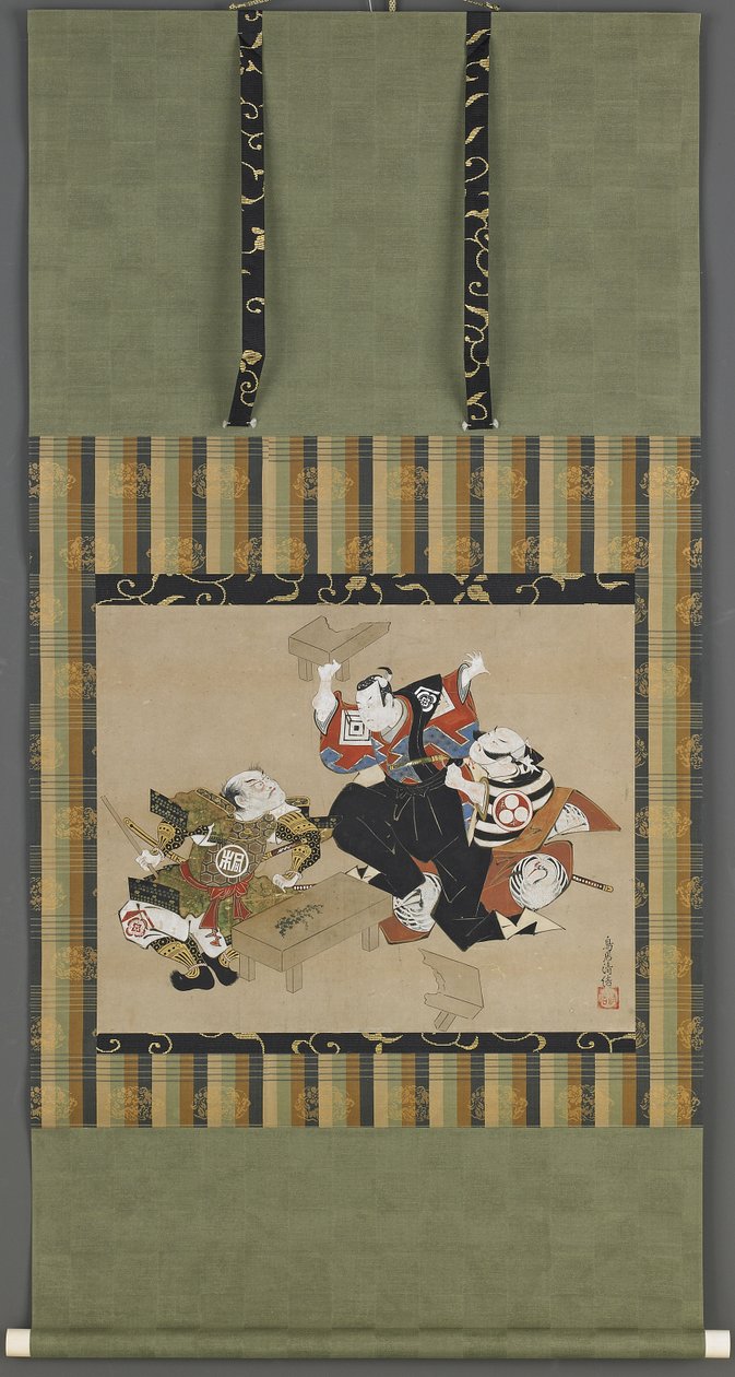 Jelenet egy Kabuki-darabból, Edo-korszak (tinta, szín és arany papíron) alkotó: Torii Kiyonobu I Torii Kiyonobu I