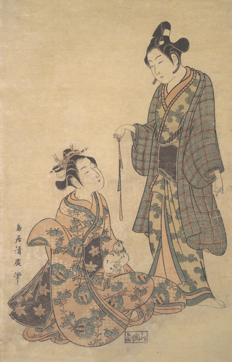 Ülő nő macskát tartva, kb. 1755. alkotó: Torii Kiyohiro