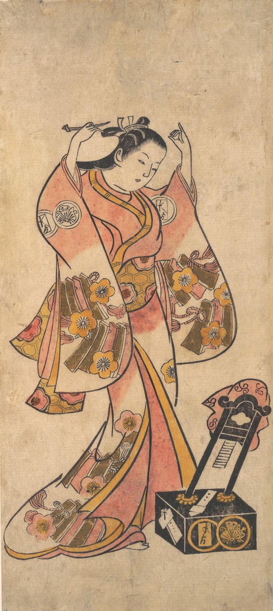Sanjo Kantaro, mint egy lakktükör előtt a haját rendező nő, 1763 előtt. alkotó: Torii Kiyomasu II.