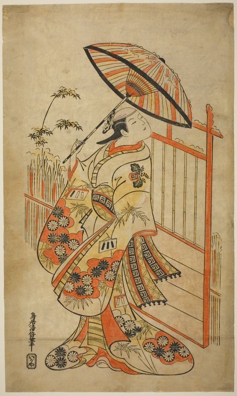I. Sanogawa Mangiku színész Sanadát, a fonó Itoya lányát alakítja a "Hiragana Yomeiri Izu Nikki" című darabban, amelyet a Nakamura Színházban 1718. tizenegyedik hónapjában mutattak be. alkotó: Torii Kiyomasu II