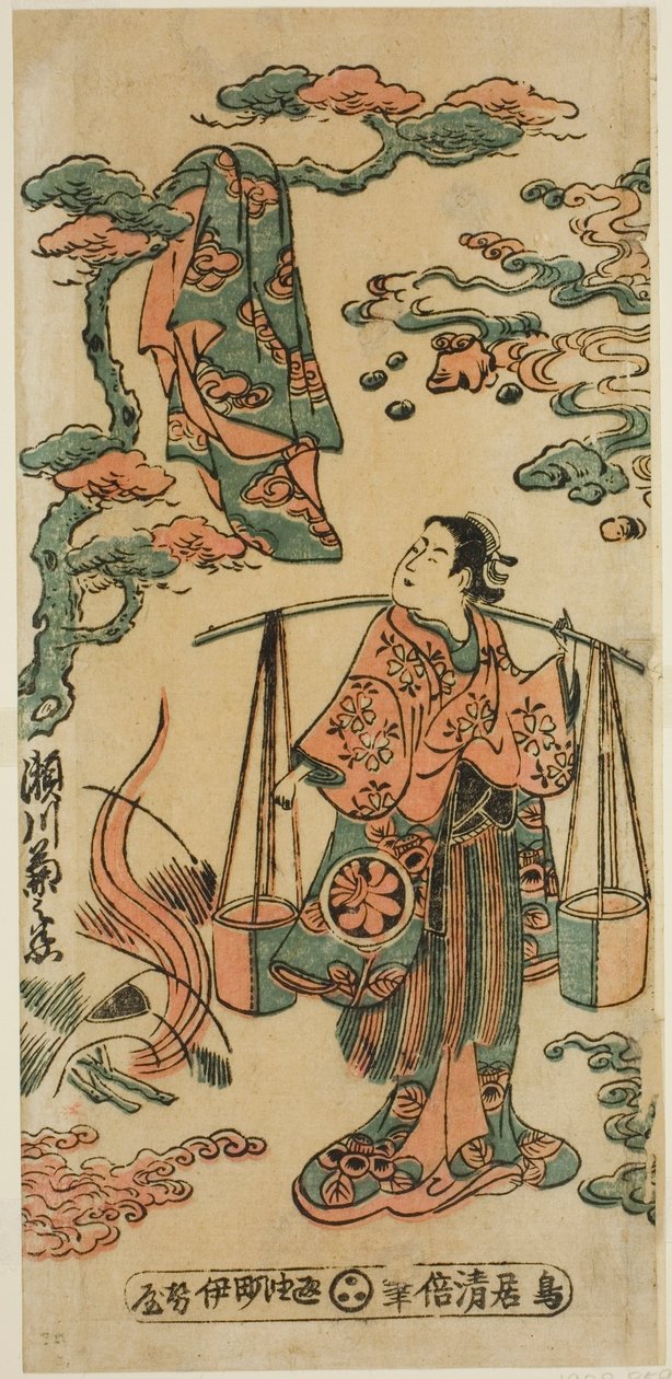 I. Segawa Kikunojo színész Mizue Gozen szerepében a Suehiro Izu Nikki című darabban, amelyet a Nakamura Színházban mutattak be 1745 (?) tizenegyedik hónapjában. alkotó: Torii Kiyomasu II
