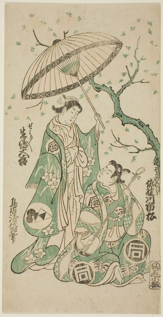 A színészek Sanogawa Ichimatsu I mint Soga no Goro és Ikushima Daikichi II mint Kewaizaka no Shosho a "Monzukushi Nagoya Soga" című darabban, amelyet az Ichimura Színházban mutattak be 1748 első hónapjában. alkotó: Torii Kiyomasu II