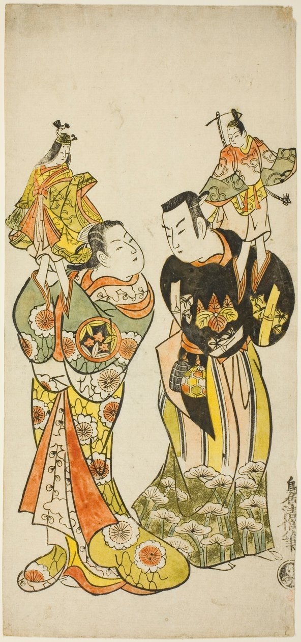 Yamashita Kinsaku I és Hayakawa Hatsuse bábjátékosok a "Tengeri utazás Izuba naplója" ("Funadama Izu Nikki") című darabban, amelyet 1725 első hónapjában mutattak be a Nakamura Színházban. alkotó: Torii Kiyomasu II