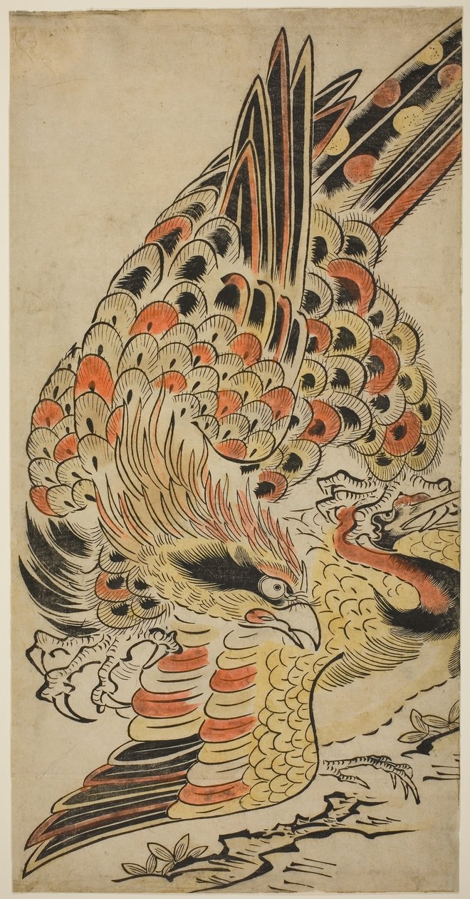 Egy sólyom, aki repülés közben elfog egy darut, 1715 körül (kézzel színezett fatömbnyomat) alkotó: Torii Kiyomasu I