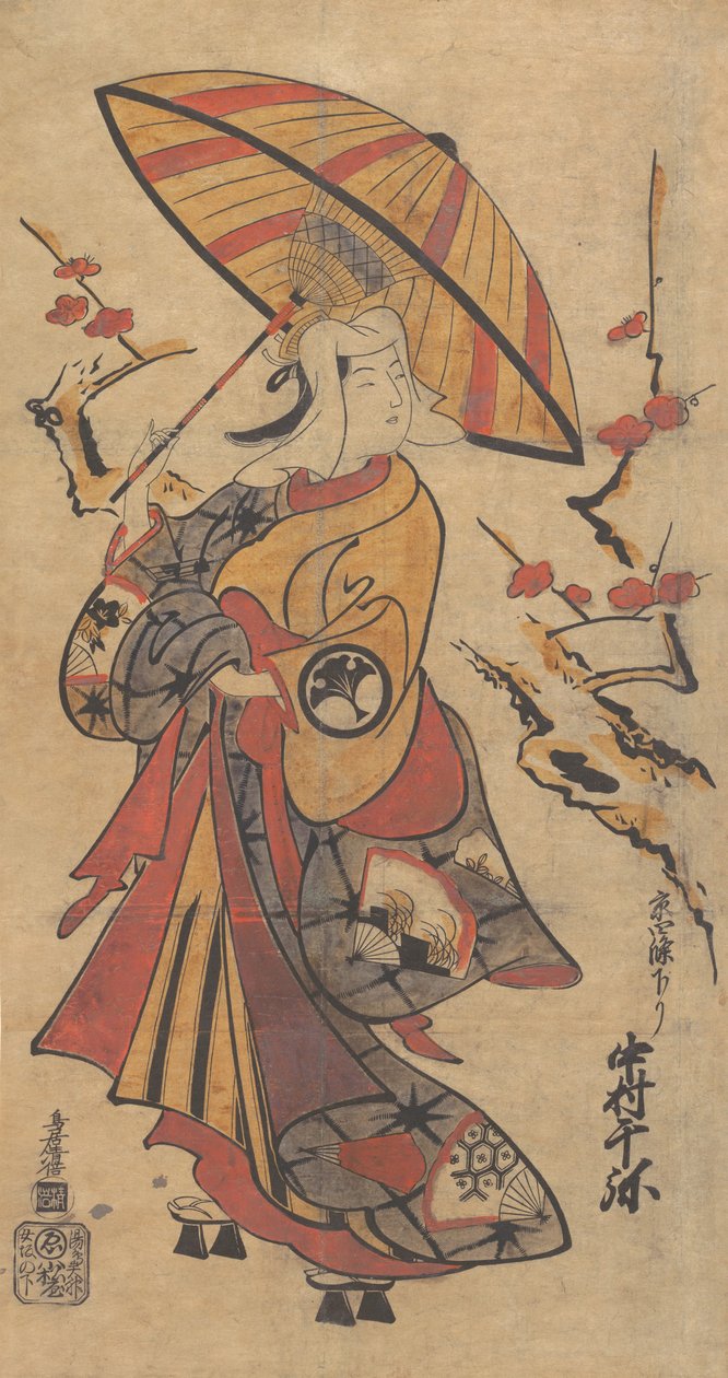 Nakamura Senya színész Tokonatsu szerepében a Kabuki-színműben, A háromvesszős F... hagyatékában, kb. 1716. alkotó: Torii Kiyomasu I