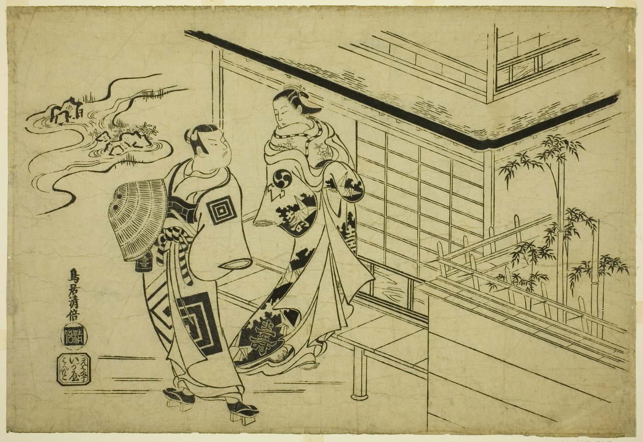 A színészek Nakamura Takesaburo I Kewaizaka no Shosho szerepében és Ichikawa Danjuro II Soga no Goro szerepében a "Bando Ichi Kotobuki Soga" című darabban, amelyet a Nakamura Színházban mutattak be 1715 első hónapjában. alkotó: Torii Kiyomasu I