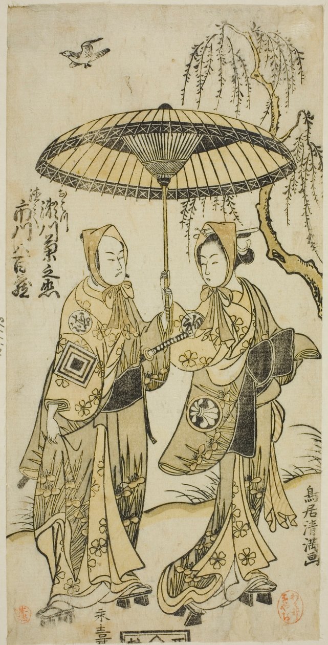 A színészek Segawa Kikunojo II mint Ohatsu és Ichikawa Yaozo II mint a szeretője Tokubei a "Yoni Osaka Nitsui no Meoto" című darabban, amelyet az Ichimura Színházban adtak elő a második hónapban, 1767-ben. alkotó: Torii Kiyomitsu I