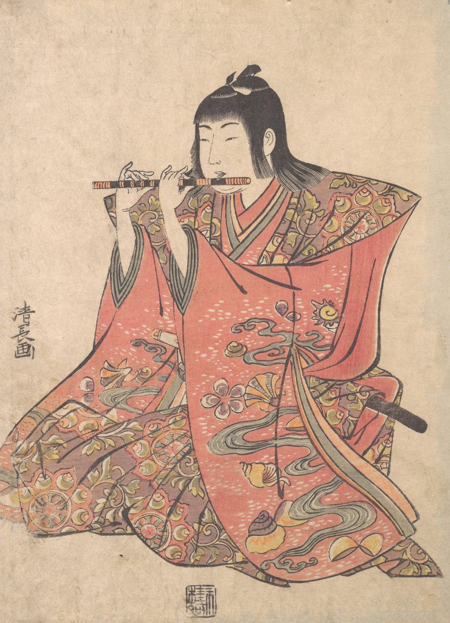 Egy fuvolán játszó fiút ábrázoló baba, kb. 1780. alkotó: Torii Kiyonaga