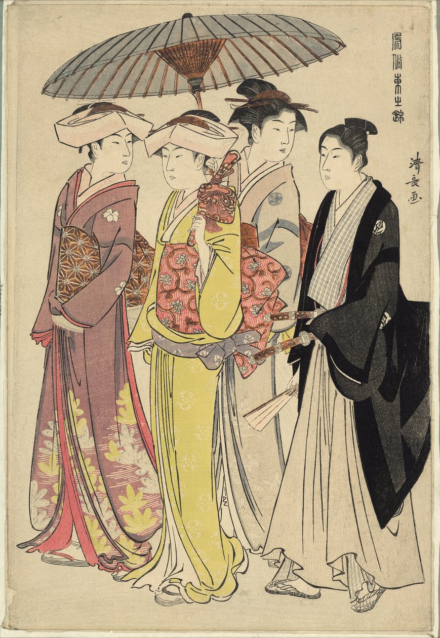Egy hölgy három szolgával, az "A keleti modorok brokátja (Fuzoku Azuma no nishiki)" sorozatból alkotó: Torii Kiyonaga
