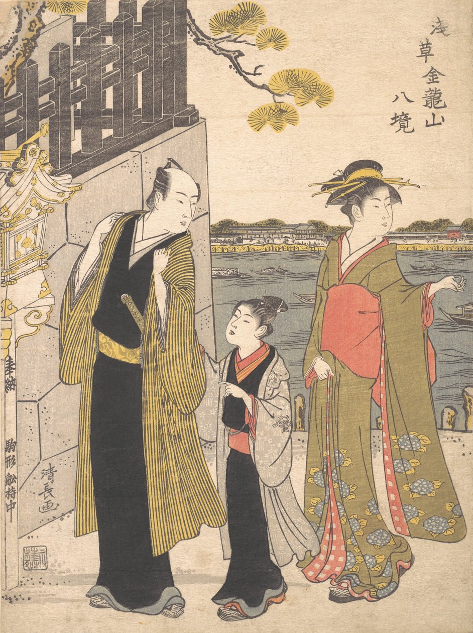 Egy férfi fiúval és gésával ellátogat a Kinryusan templomba, kb. 1787. alkotó: Torii Kiyonaga
